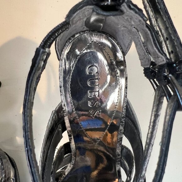 Like New Guess Black/Silver/Metallic Snakeskin Strappy Stiletto Heels, Size 8M - Picture 11 of 13